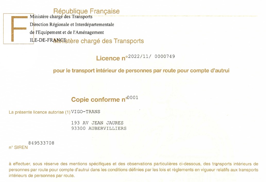 Licenca za prevoz putnika izdata od strane Francuskog Ministarstva.